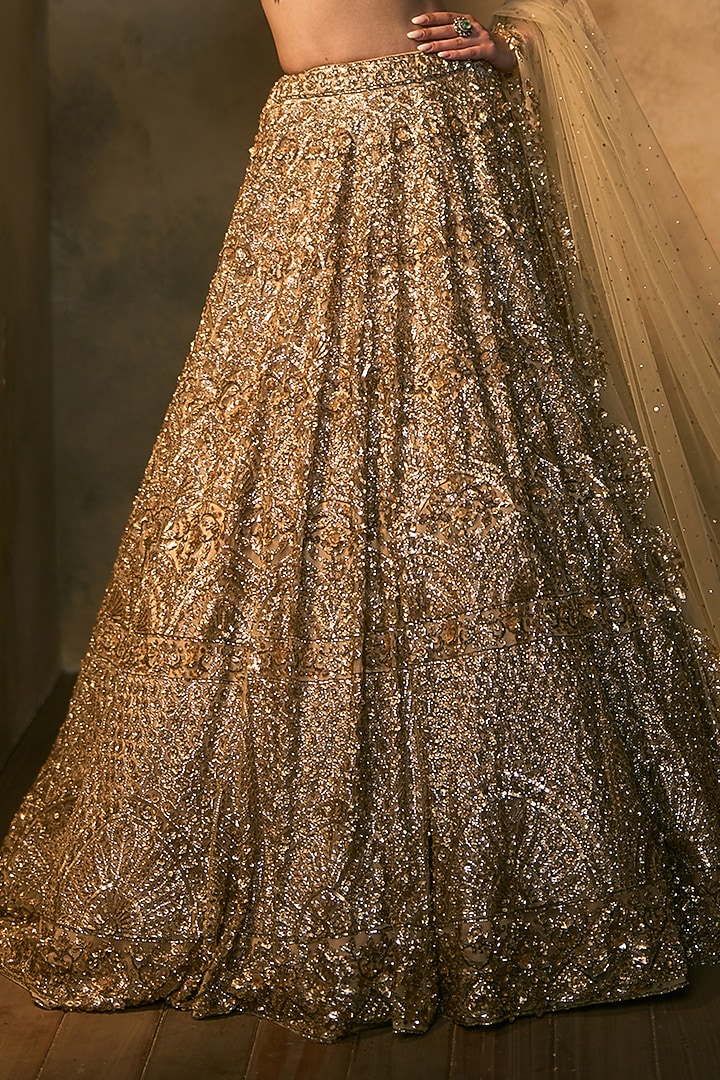 Antique Gold Net Sequin & Crystal Embroidered Bridal Bridal Lehenga Set by Angad Singh at Pernia's Pop Up Shop