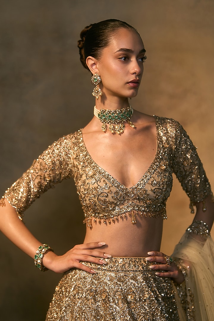 Antique Gold Net Sequin & Crystal Embroidered Bridal Bridal Lehenga Set by Angad Singh at Pernia's Pop Up Shop