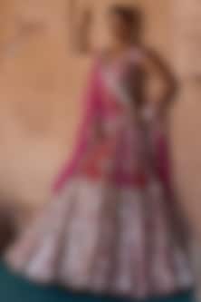 Multi-Colored Raw Silk Mirror Embroidered Lehenga Set by Angad Singh