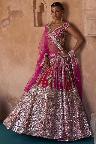 Multi-Colored Raw Silk Mirror Embroidered Lehenga Set by Angad Singh