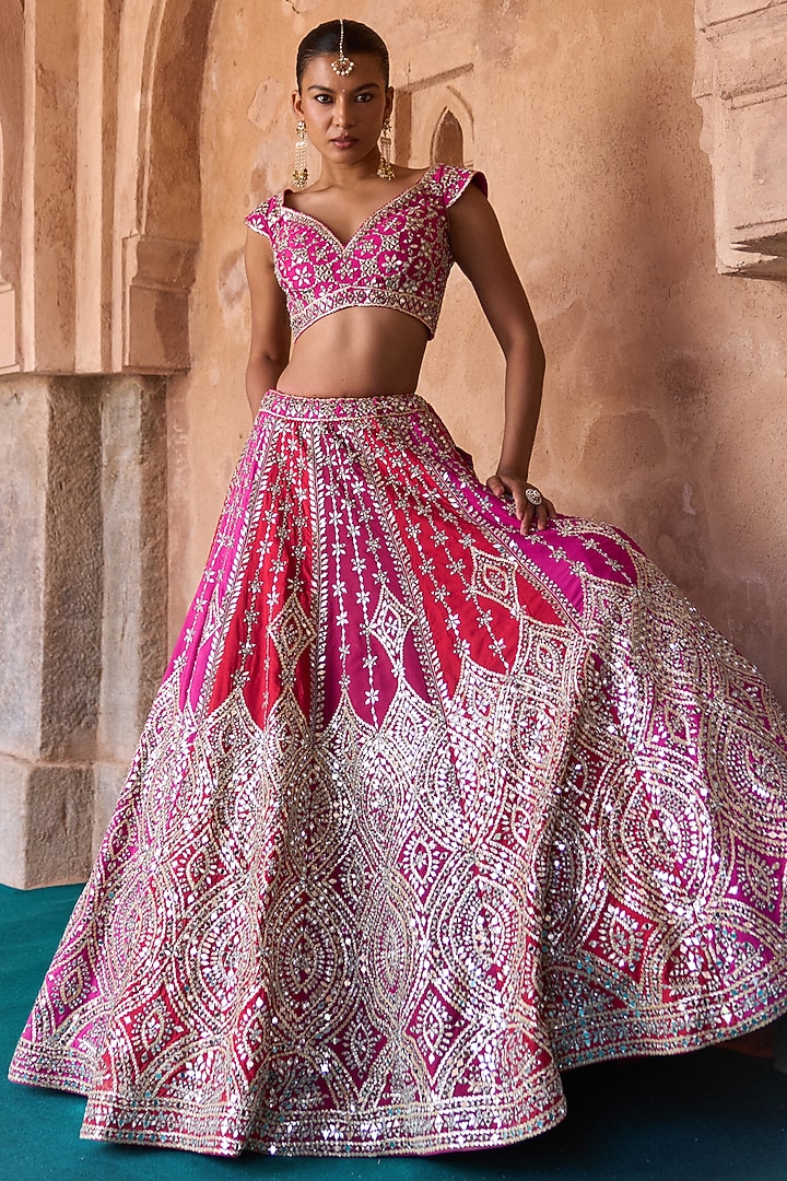 Multi-Colored Raw Silk Mirror Embroidered Bridal Lehenga Set by Angad Singh at Pernia's Pop Up Shop