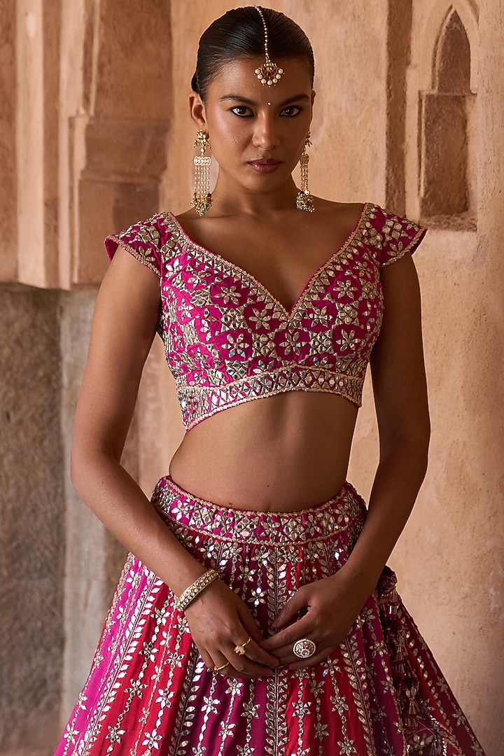 Multi-Colored Raw Silk Mirror Embroidered Bridal Lehenga Set by Angad Singh at Pernia's Pop Up Shop