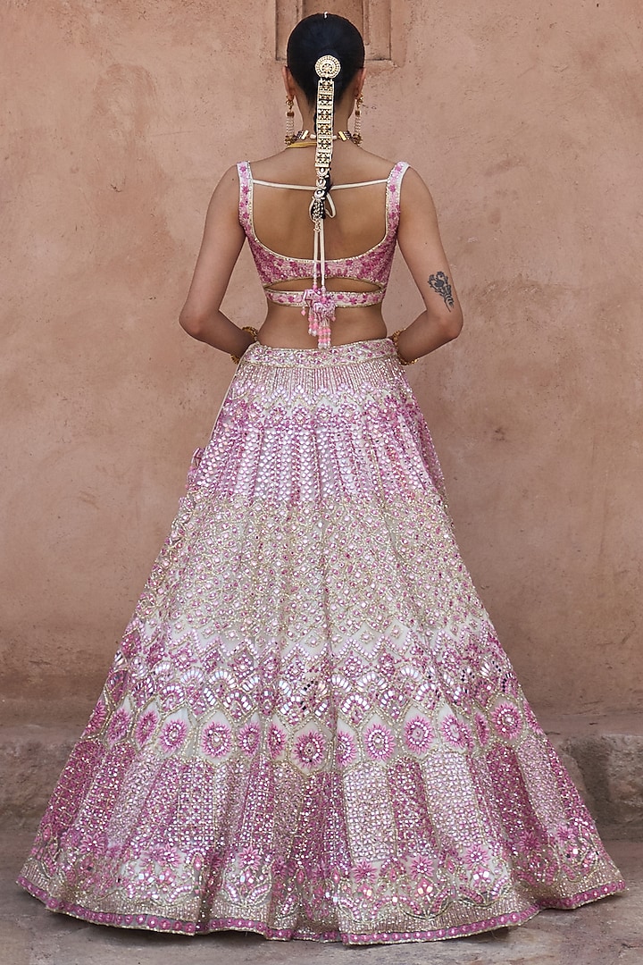 Ivory Net Mirror & Floral Embroidered Bridal Lehenga Set by Angad Singh at Pernia's Pop Up Shop