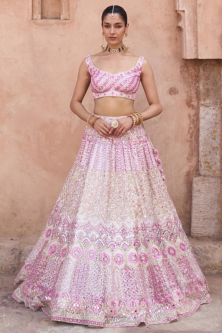 Ivory Net Mirror & Floral Embroidered Bridal Lehenga Set by Angad Singh at Pernia's Pop Up Shop