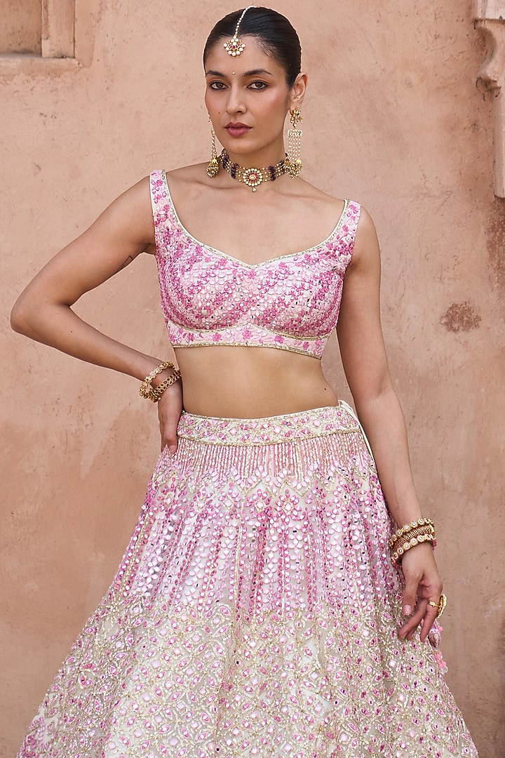 Ivory Net Mirror & Floral Embroidered Bridal Lehenga Set by Angad Singh at Pernia's Pop Up Shop