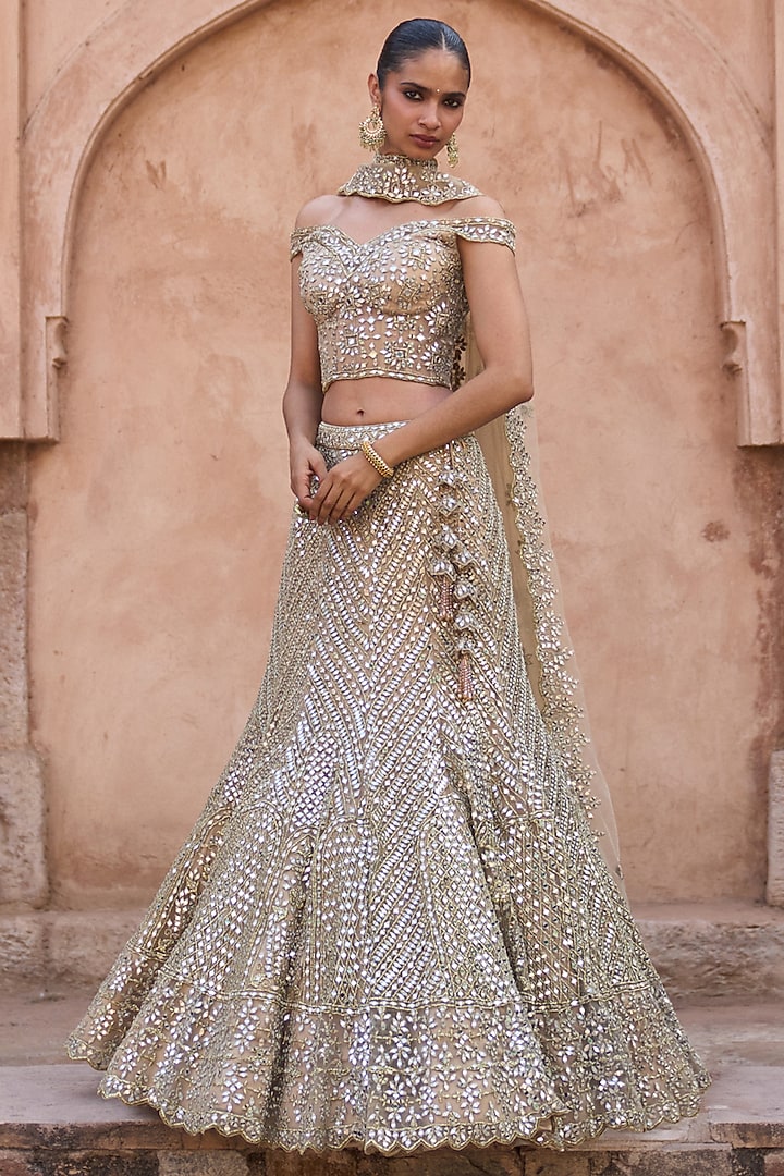 Antique Gold Net Badla & Zari Embroidered Bridal Lehenga Set by Angad Singh at Pernia's Pop Up Shop