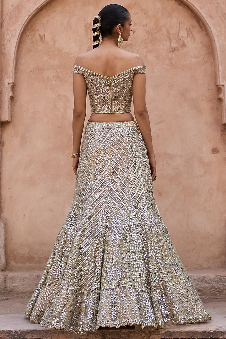 Antique Gold Net Badla & Zari Embroidered Bridal Lehenga Set by Angad Singh at Pernia's Pop Up Shop