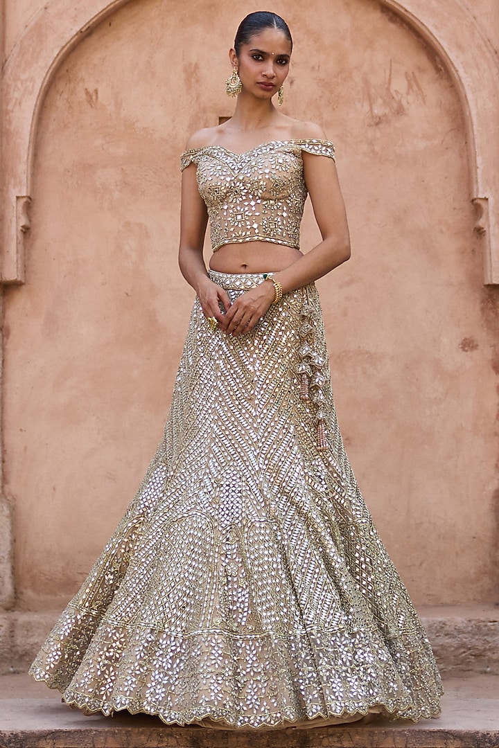 Antique Gold Net Badla & Zari Embroidered Bridal Lehenga Set by Angad Singh at Pernia's Pop Up Shop