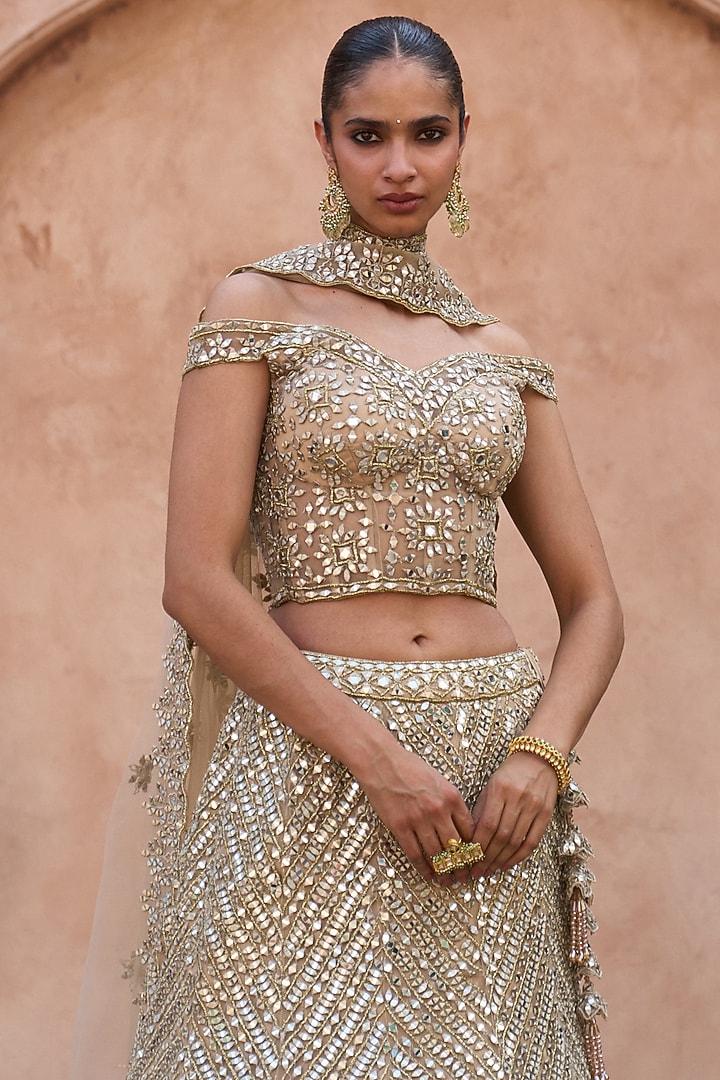 Antique Gold Net Badla & Zari Embroidered Bridal Lehenga Set by Angad Singh at Pernia's Pop Up Shop