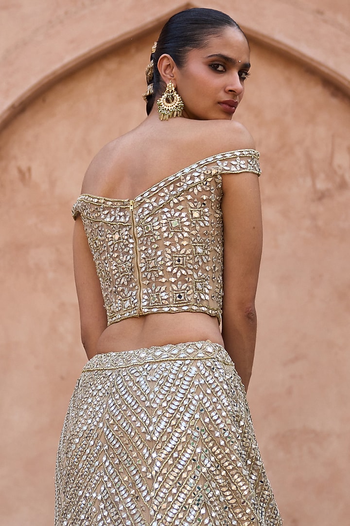 Antique Gold Net Badla & Zari Embroidered Bridal Lehenga Set by Angad Singh at Pernia's Pop Up Shop