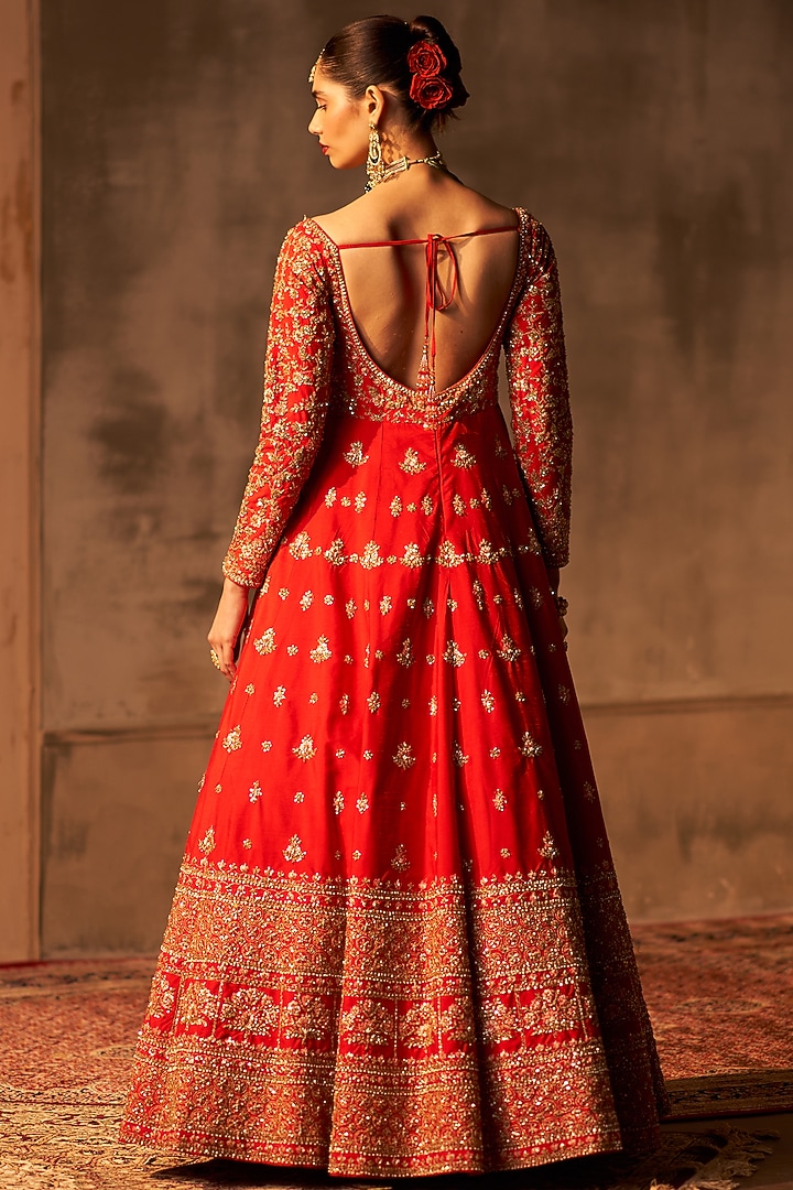 Red Raw Silk Embroidered Bridal Anarkali Set by Angad Singh at Pernia's Pop Up Shop