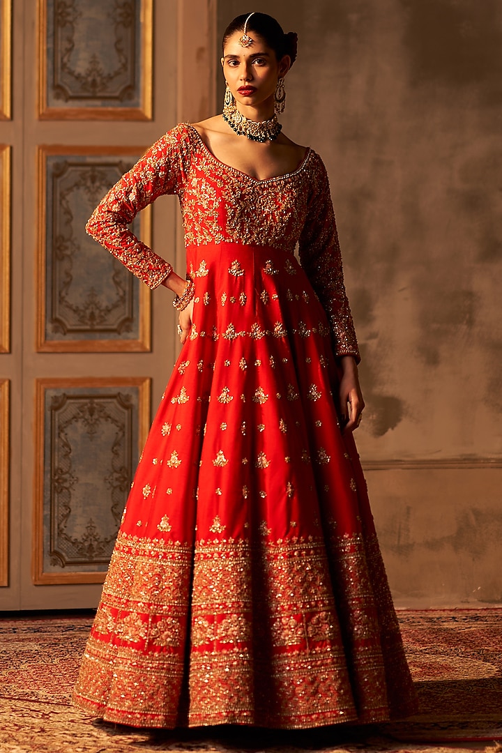 Red Raw Silk Embroidered Bridal Anarkali Set by Angad Singh at Pernia's Pop Up Shop