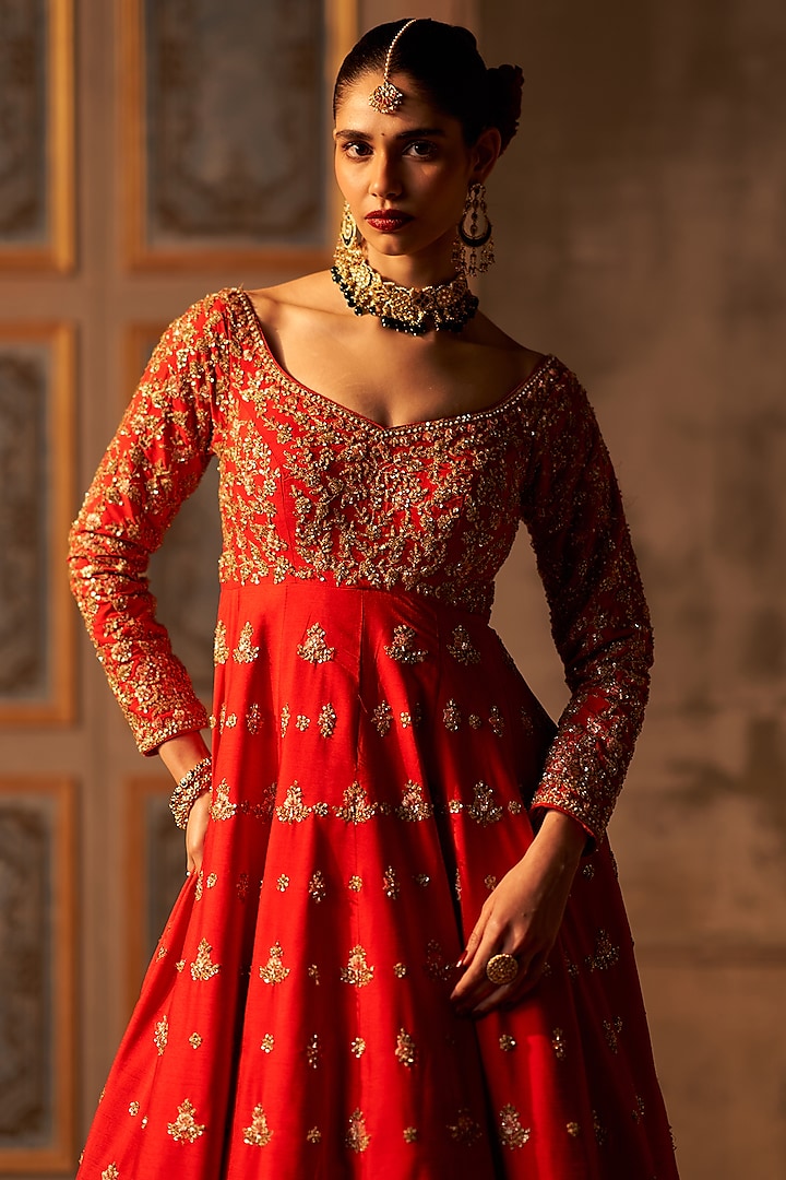 Red Raw Silk Embroidered Bridal Anarkali Set by Angad Singh at Pernia's Pop Up Shop
