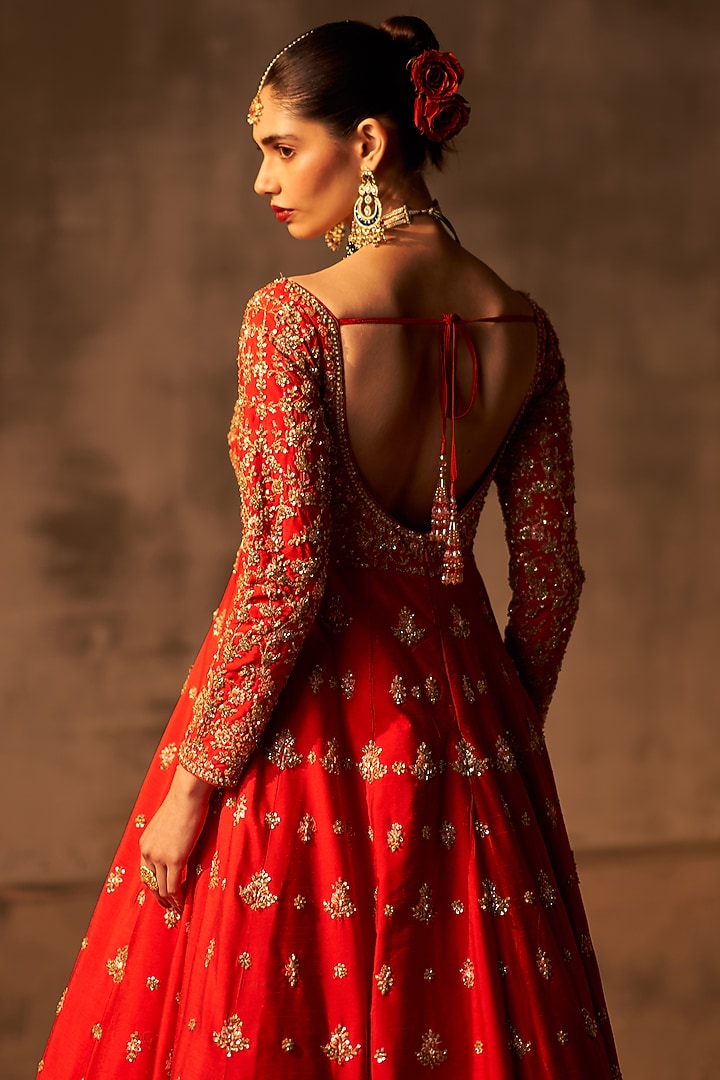 Red Raw Silk Embroidered Bridal Anarkali Set by Angad Singh at Pernia's Pop Up Shop