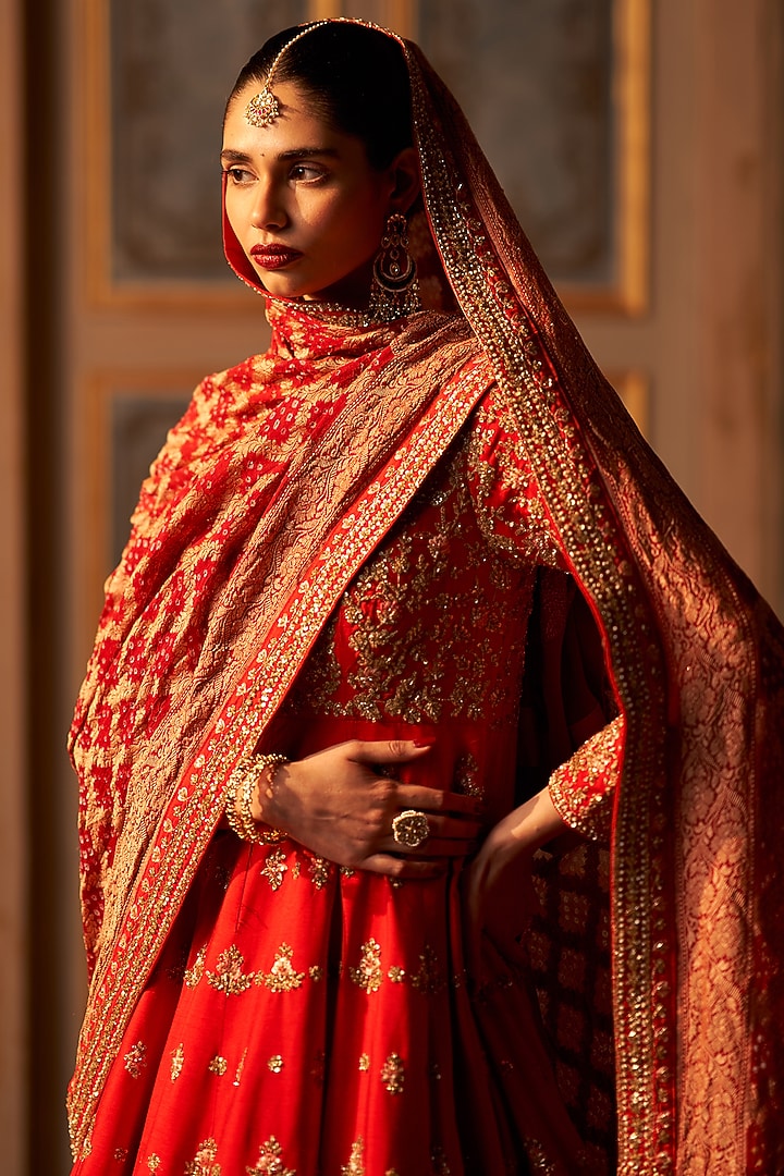 Red Raw Silk Embroidered Bridal Anarkali Set by Angad Singh at Pernia's Pop Up Shop
