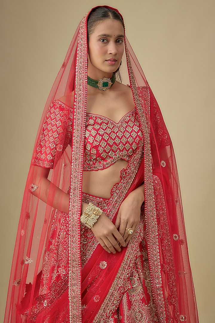 Red Raw Silk Bridal Lehenga Set by Angad Singh at Pernia's Pop Up Shop
