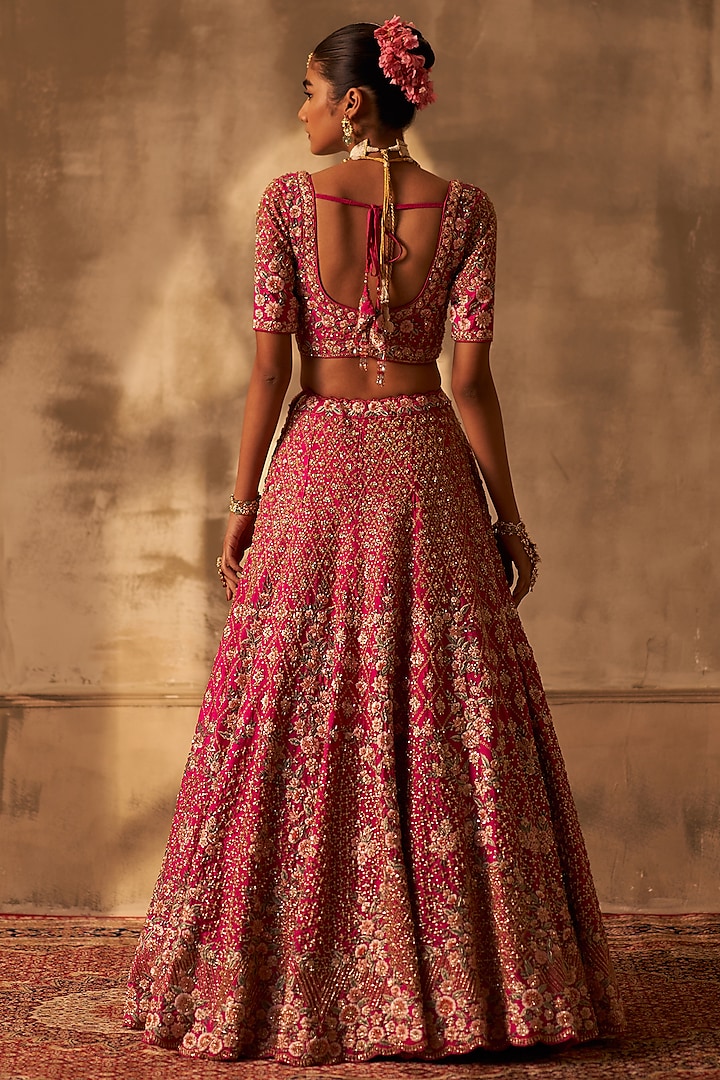 Rani Pink Raw Silk Embroidered Wedding Lehenga Set by Angad Singh at Pernia's Pop Up Shop