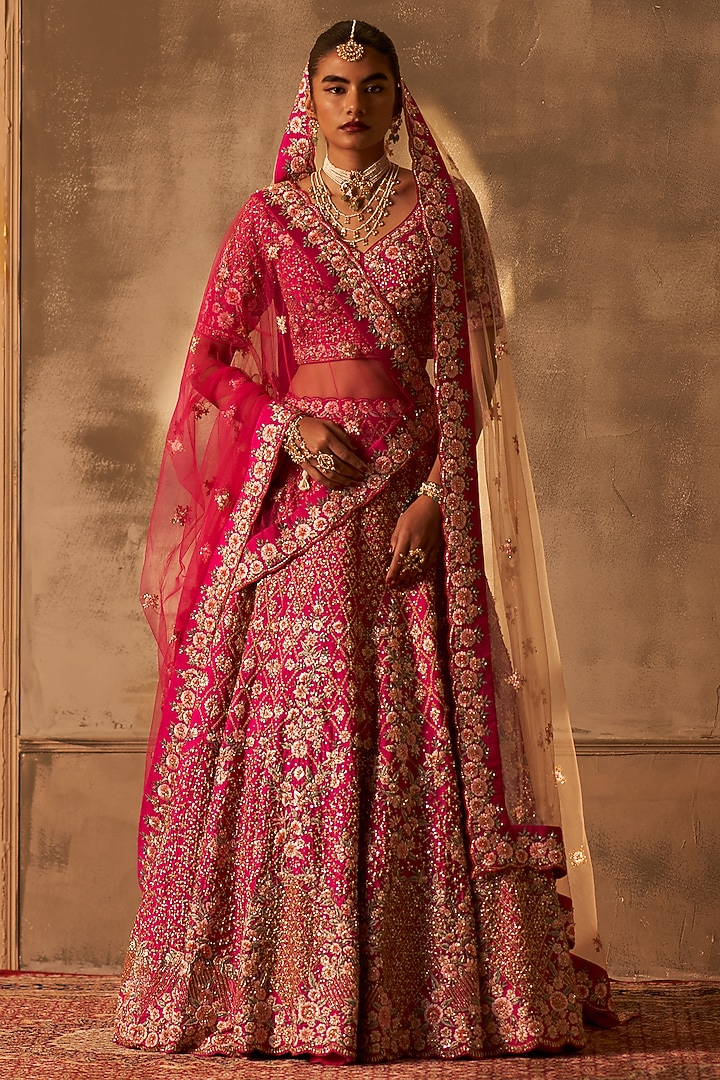 Rani Pink Raw Silk Embroidered Wedding Lehenga Set by Angad Singh at Pernia's Pop Up Shop