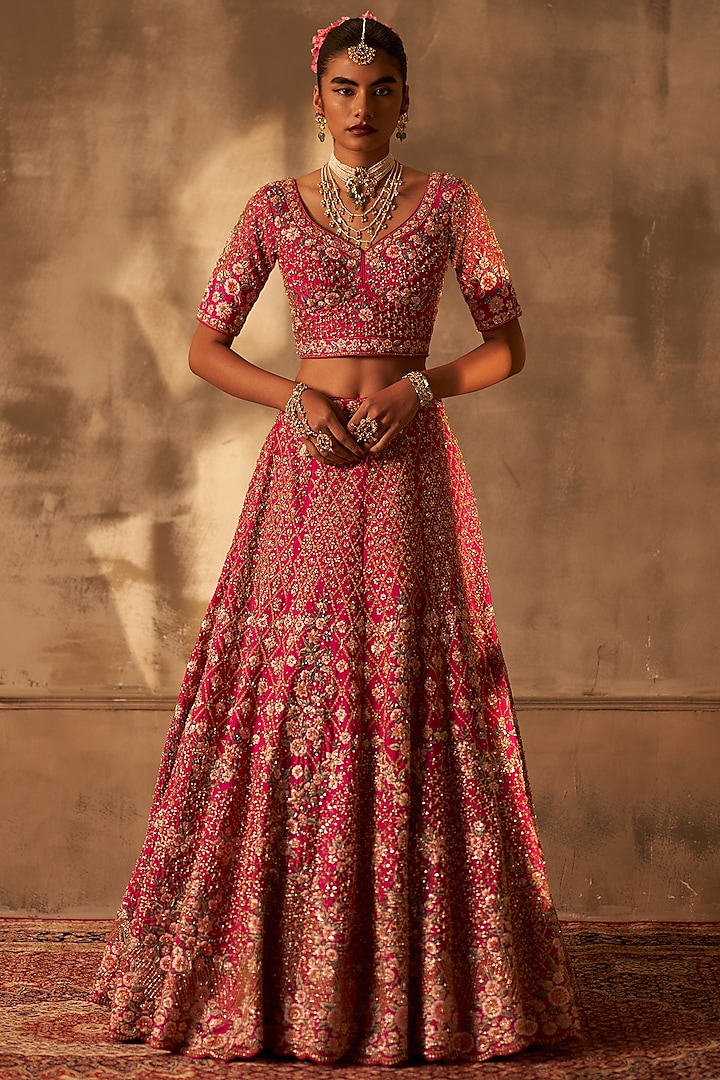 Rani Pink Raw Silk Embroidered Wedding Lehenga Set by Angad Singh at Pernia's Pop Up Shop