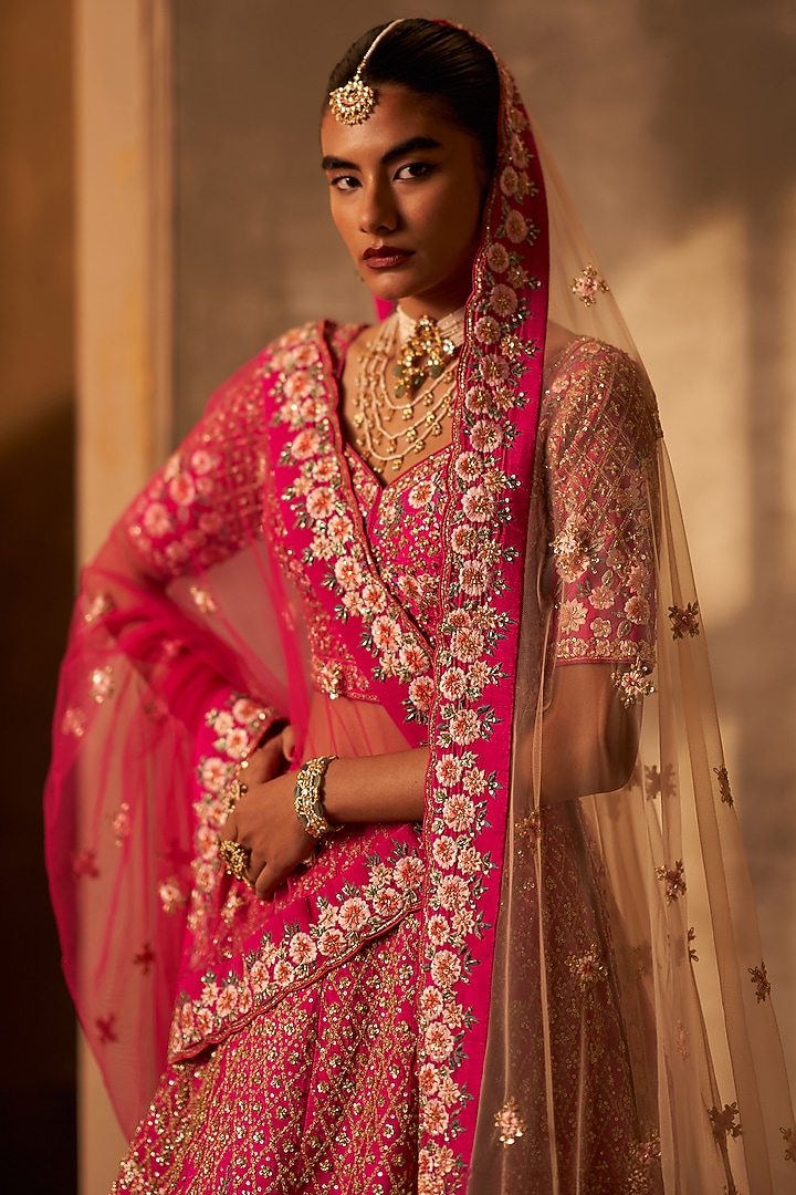 Rani Pink Raw Silk Embroidered Wedding Lehenga Set by Angad Singh at Pernia's Pop Up Shop
