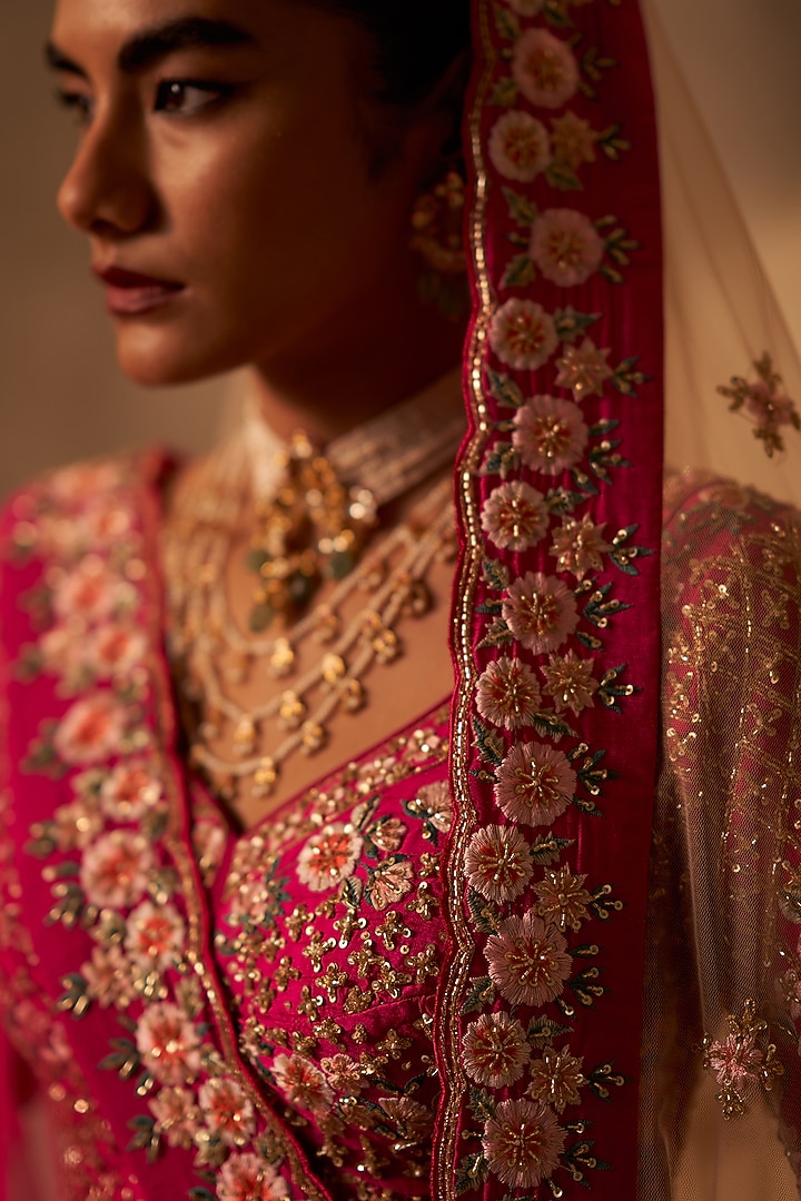 Rani Pink Raw Silk Embroidered Wedding Lehenga Set by Angad Singh at Pernia's Pop Up Shop