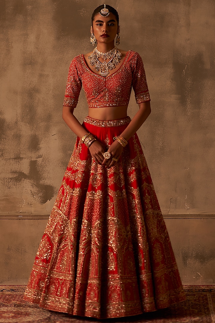 Red Raw Silk Embroidered Bridal Lehenga Set by Angad Singh at Pernia's Pop Up Shop