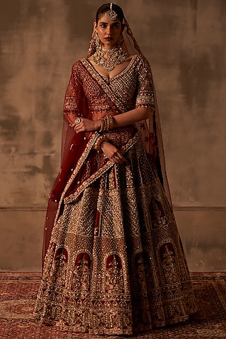 Maroon Raw Silk Embroidered Lehenga Set by Angad Singh