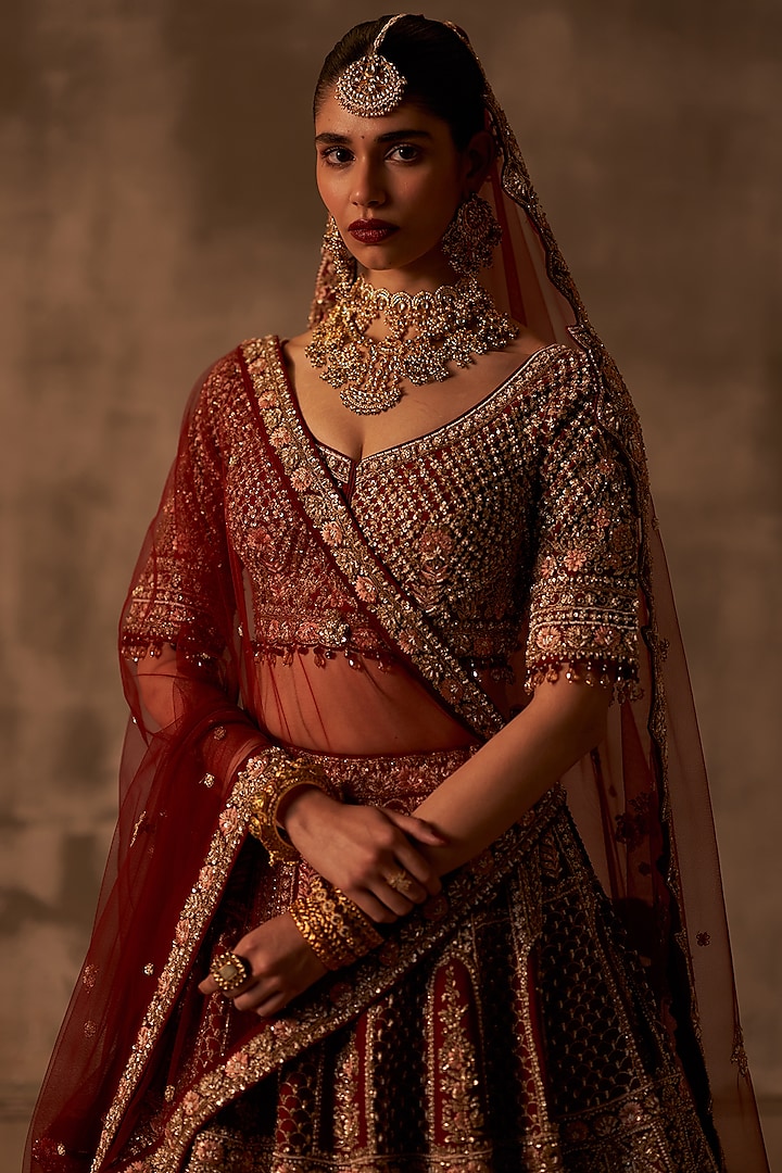 Maroon Raw Silk Embroidered Bridal Lehenga Set by Angad Singh at Pernia's Pop Up Shop