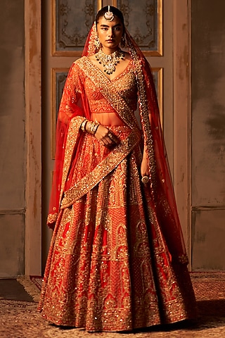 Red Raw Silk Embroidered Lehenga Set by Angad Singh