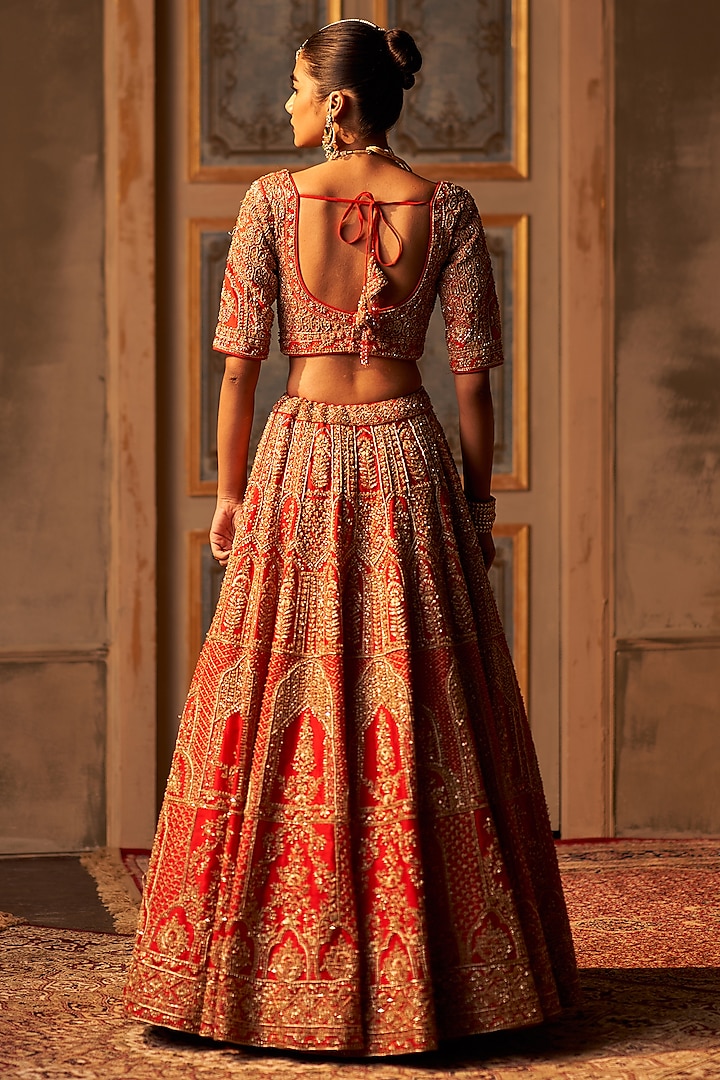 Red Raw Silk Embroidered Bridal Lehenga Set by Angad Singh at Pernia's Pop Up Shop