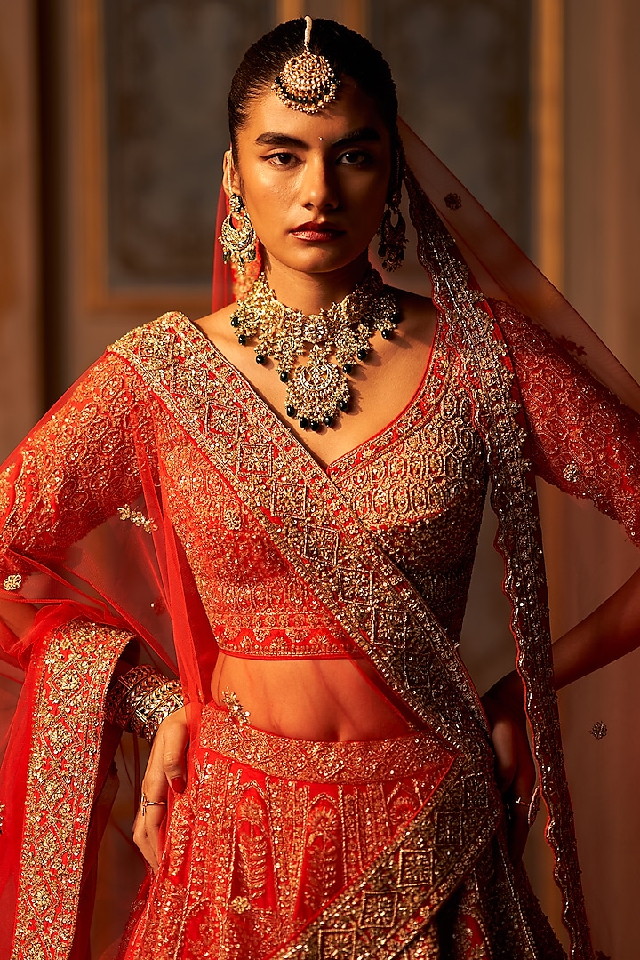 Red Raw Silk Embroidered Bridal Lehenga Set by Angad Singh at Pernia's Pop Up Shop