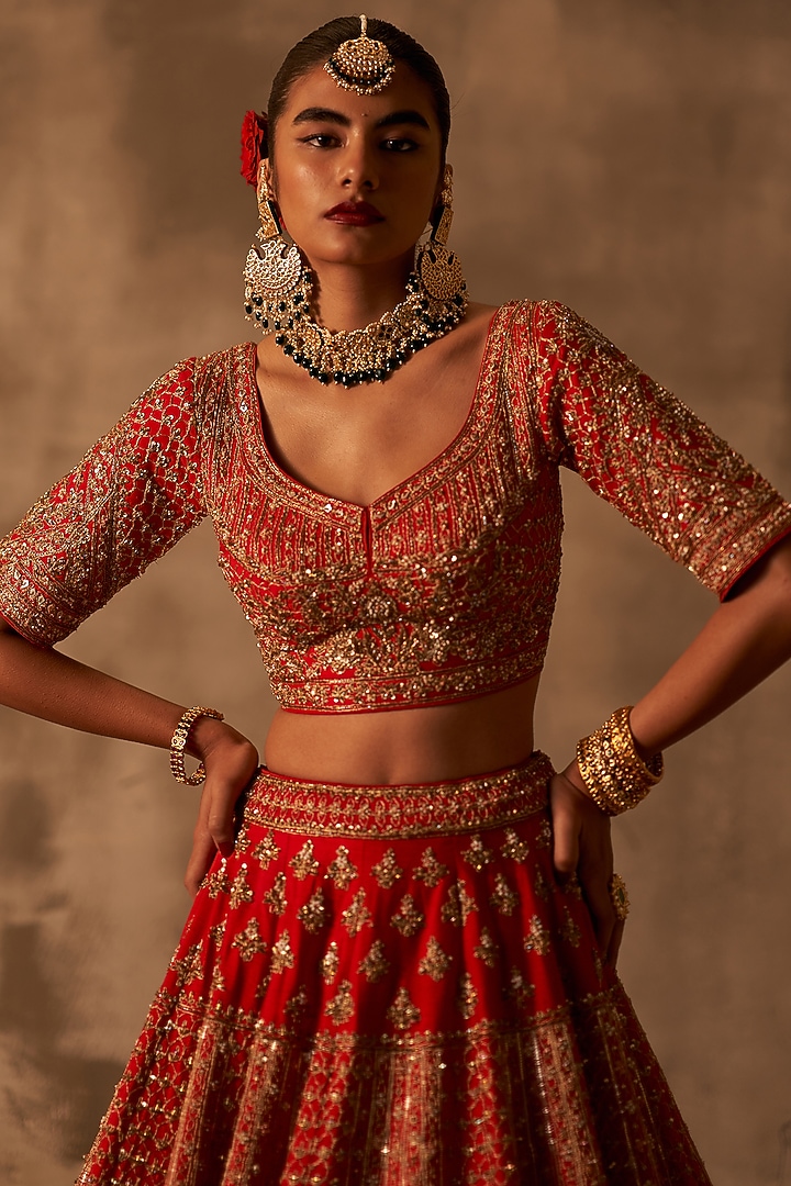 Red Raw Silk Embroidered Bridal Lehenga Set by Angad Singh at Pernia's Pop Up Shop