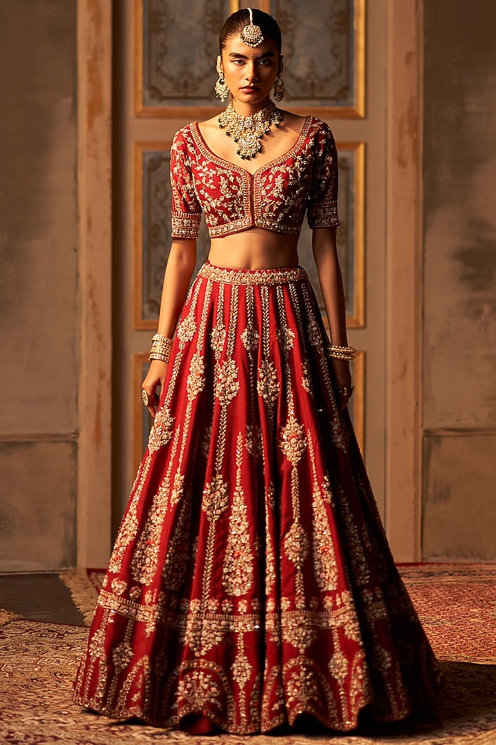 Maroon Raw Silk Embroidered Bridal Lehenga Set by Angad Singh at Pernia's Pop Up Shop