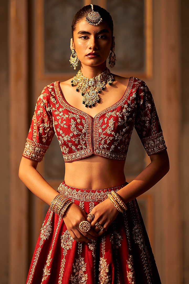 Maroon Raw Silk Embroidered Bridal Lehenga Set by Angad Singh at Pernia's Pop Up Shop