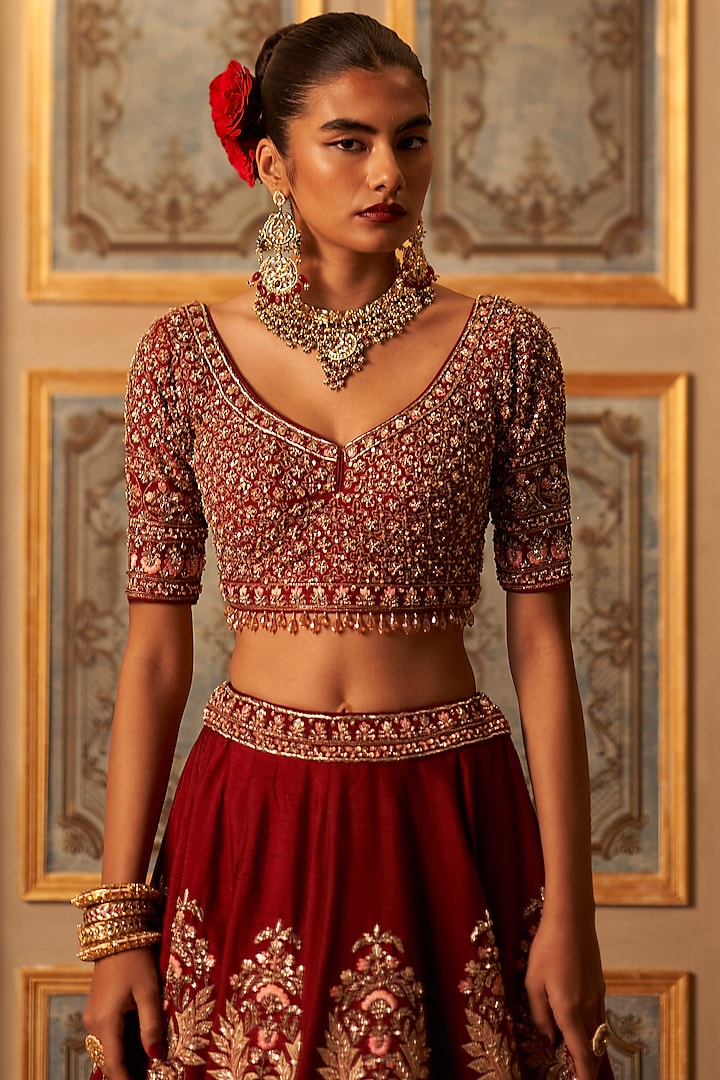 Maroon Raw Silk Embroidered Bridal Lehenga Set by Angad Singh at Pernia's Pop Up Shop