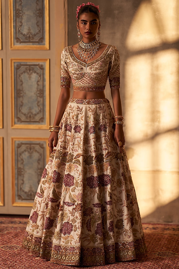 Ivory Raw Silk Embroidered Bridal Lehenga Set by Angad Singh at Pernia's Pop Up Shop
