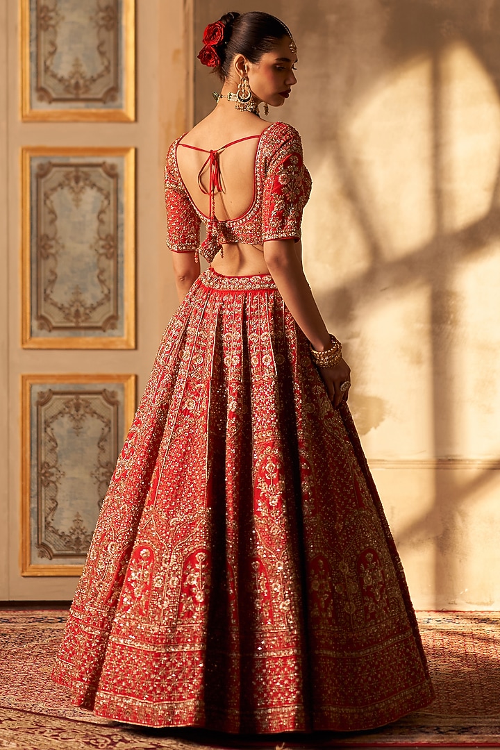 Red Raw Silk Embroidered Bridal Lehenga Set by Angad Singh at Pernia's Pop Up Shop