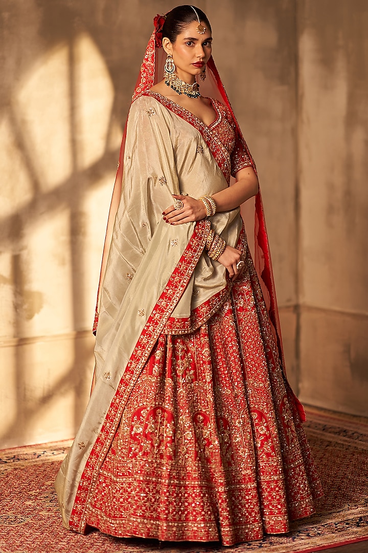 Red Raw Silk Embroidered Bridal Lehenga Set by Angad Singh at Pernia's Pop Up Shop