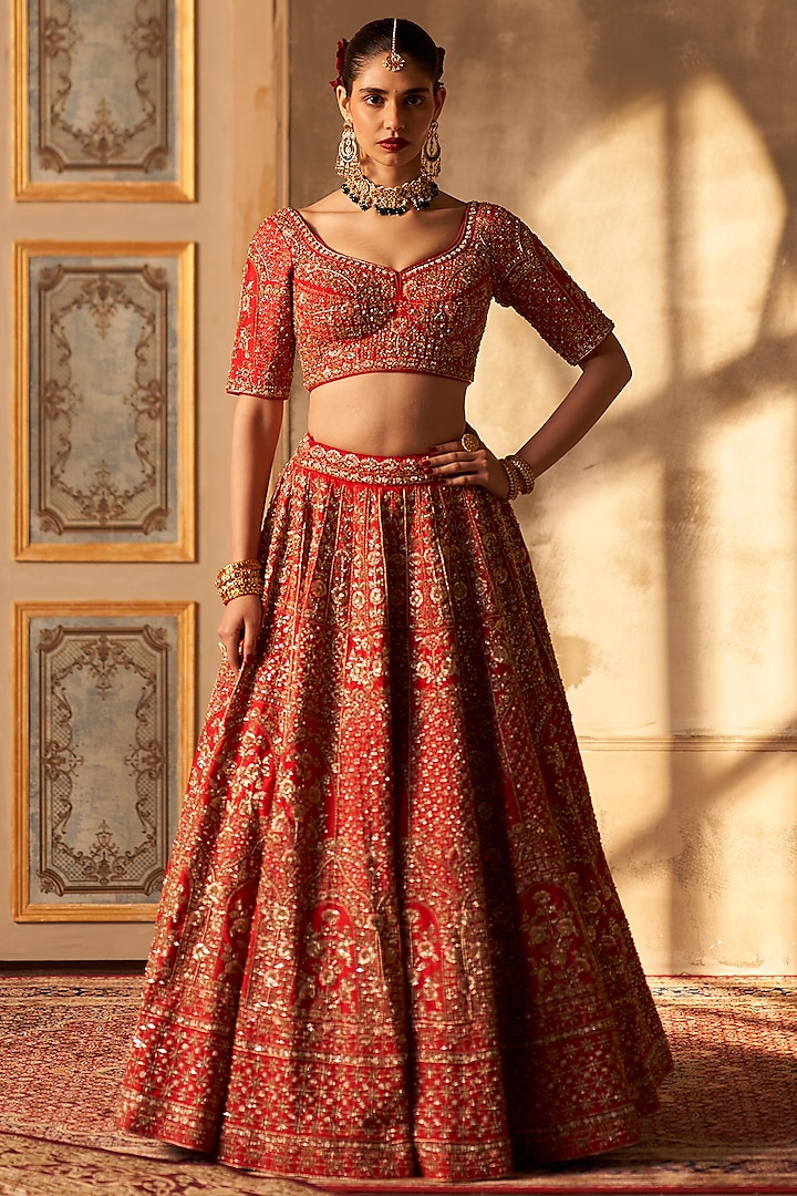 Red Raw Silk Embroidered Bridal Lehenga Set by Angad Singh at Pernia's Pop Up Shop