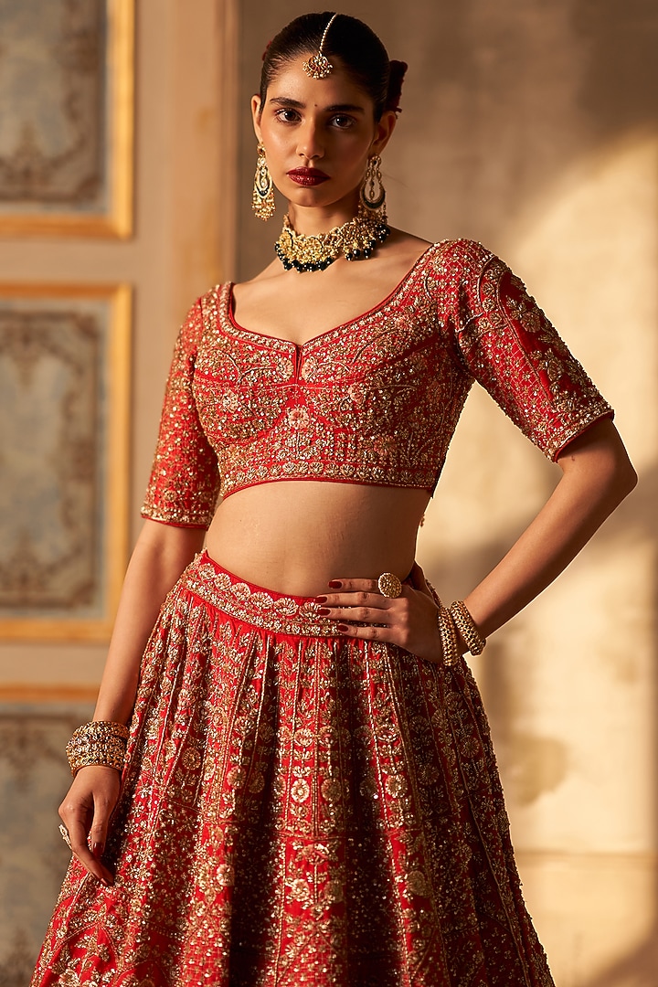 Red Raw Silk Embroidered Bridal Lehenga Set by Angad Singh at Pernia's Pop Up Shop