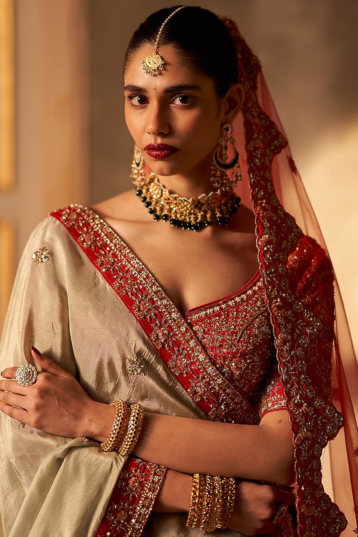 Red Raw Silk Embroidered Bridal Lehenga Set by Angad Singh at Pernia's Pop Up Shop