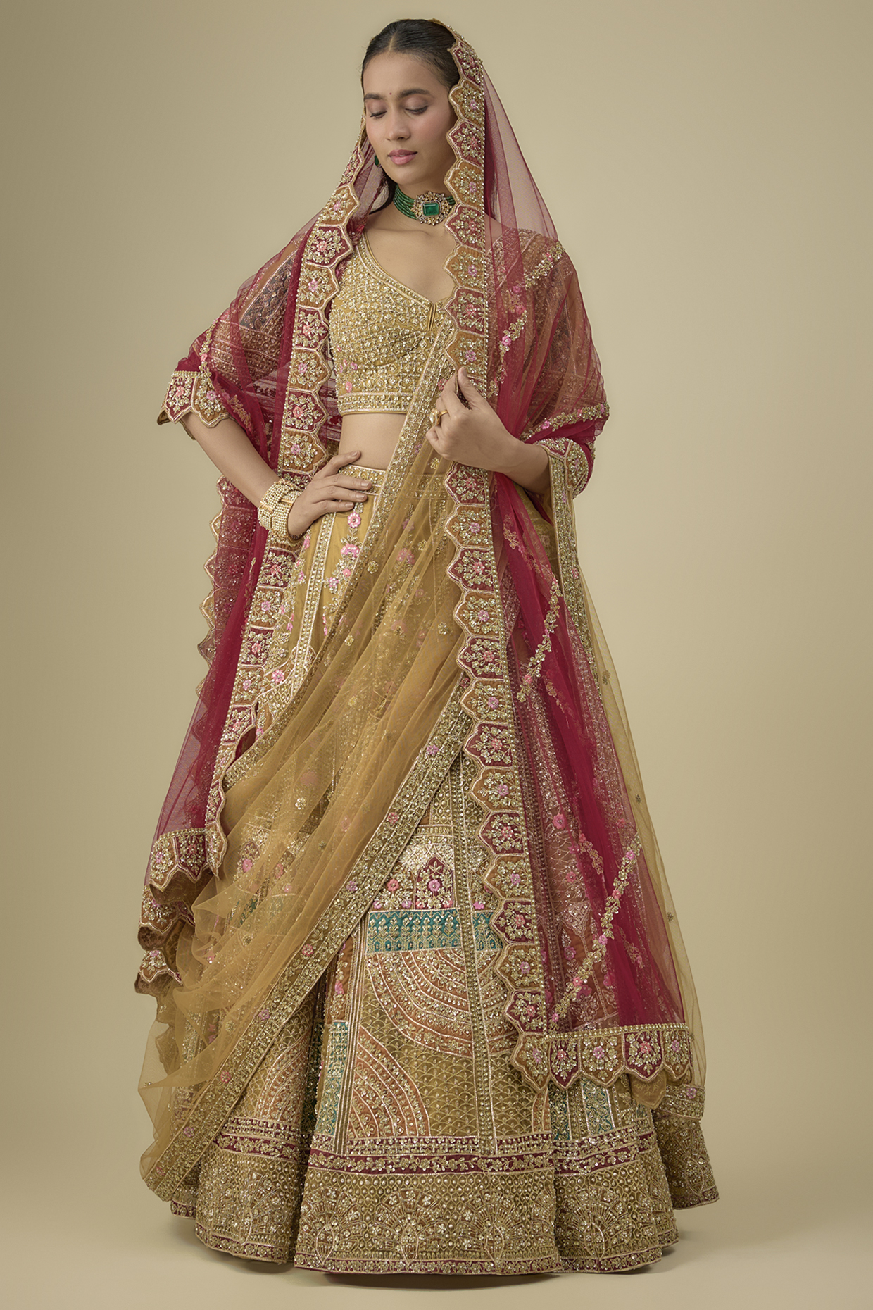 Olive Organza Wedding Lehenga Set by Angad Singh at Pernia's Pop Up Shop