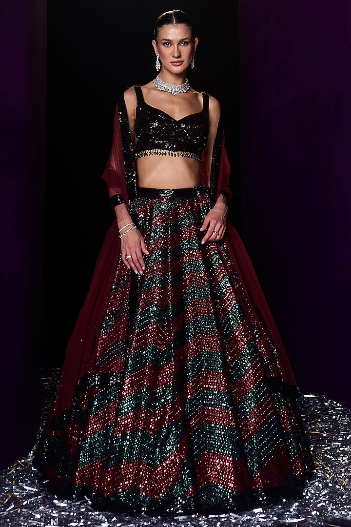 Deep Maroon Organza Hand Embroidered Bridal Lehenga Set by Angad Singh at Pernia's Pop Up Shop