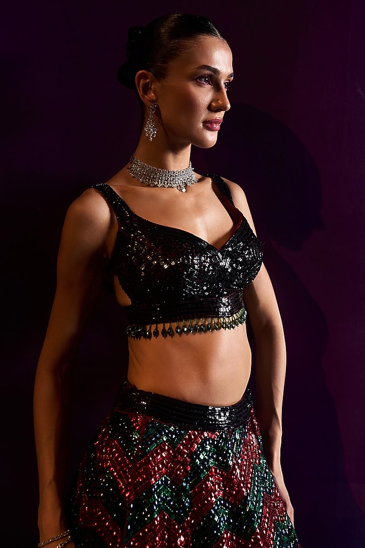 Deep Maroon Organza Hand Embroidered Bridal Lehenga Set by Angad Singh at Pernia's Pop Up Shop