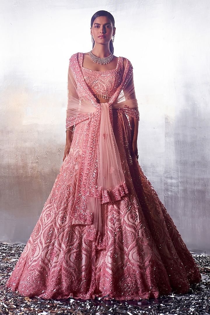 Blush Pink Net Sequins & Crystal Embroidered Lehenga Set by Angad Singh