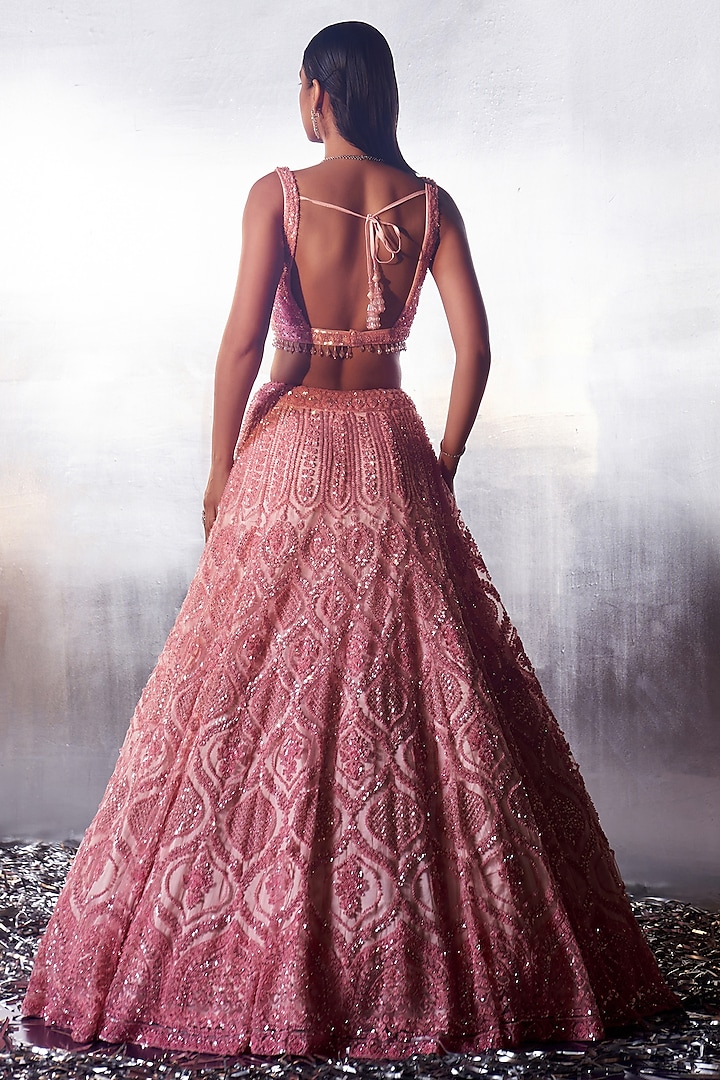 Blush Pink Net Sequins & Crystal Embroidered Bridal Lehenga Set by Angad Singh at Pernia's Pop Up Shop