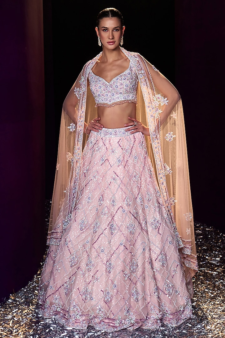 Pink Net Sequins & Crystal Embroidered Bridal Lehenga Set by Angad Singh at Pernia's Pop Up Shop