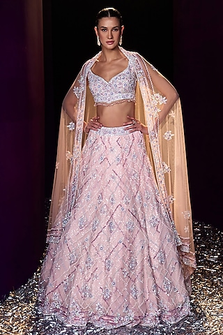 Pink Net Sequins & Crystal Embroidered Lehenga Set by Angad Singh