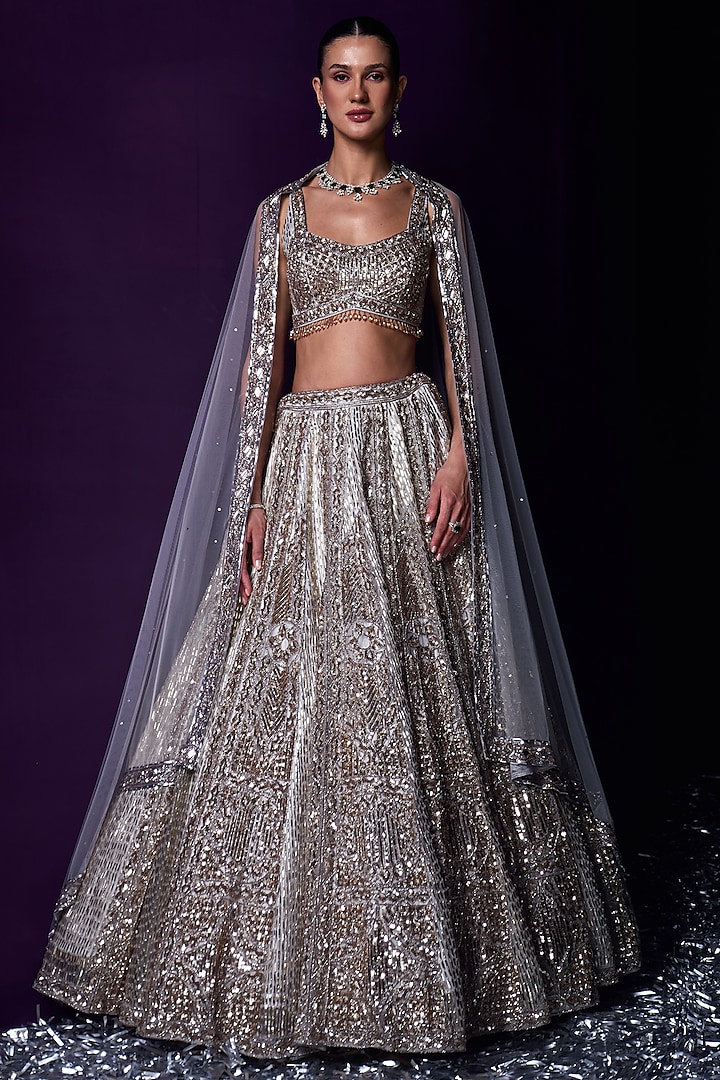 Grey Organza Sequins Hand Embroidered Lehenga Set by Angad Singh