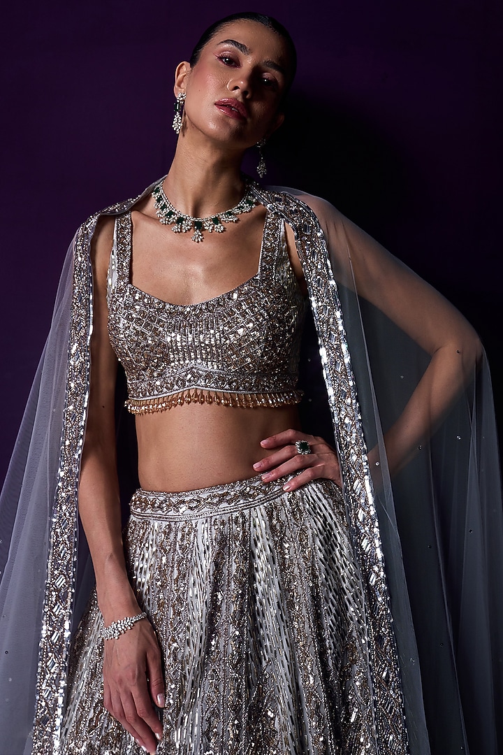 Grey Organza Sequins Hand Embroidered Bridal Lehenga Set by Angad Singh at Pernia's Pop Up Shop